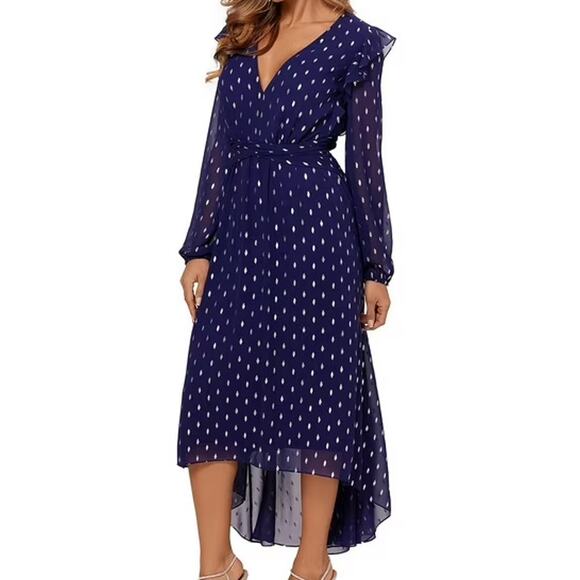 BETSY & ADAM sz 10 L blue silver chiffon long sleeve ruffle hi low dress NWT B53 - Picture 1 of 9